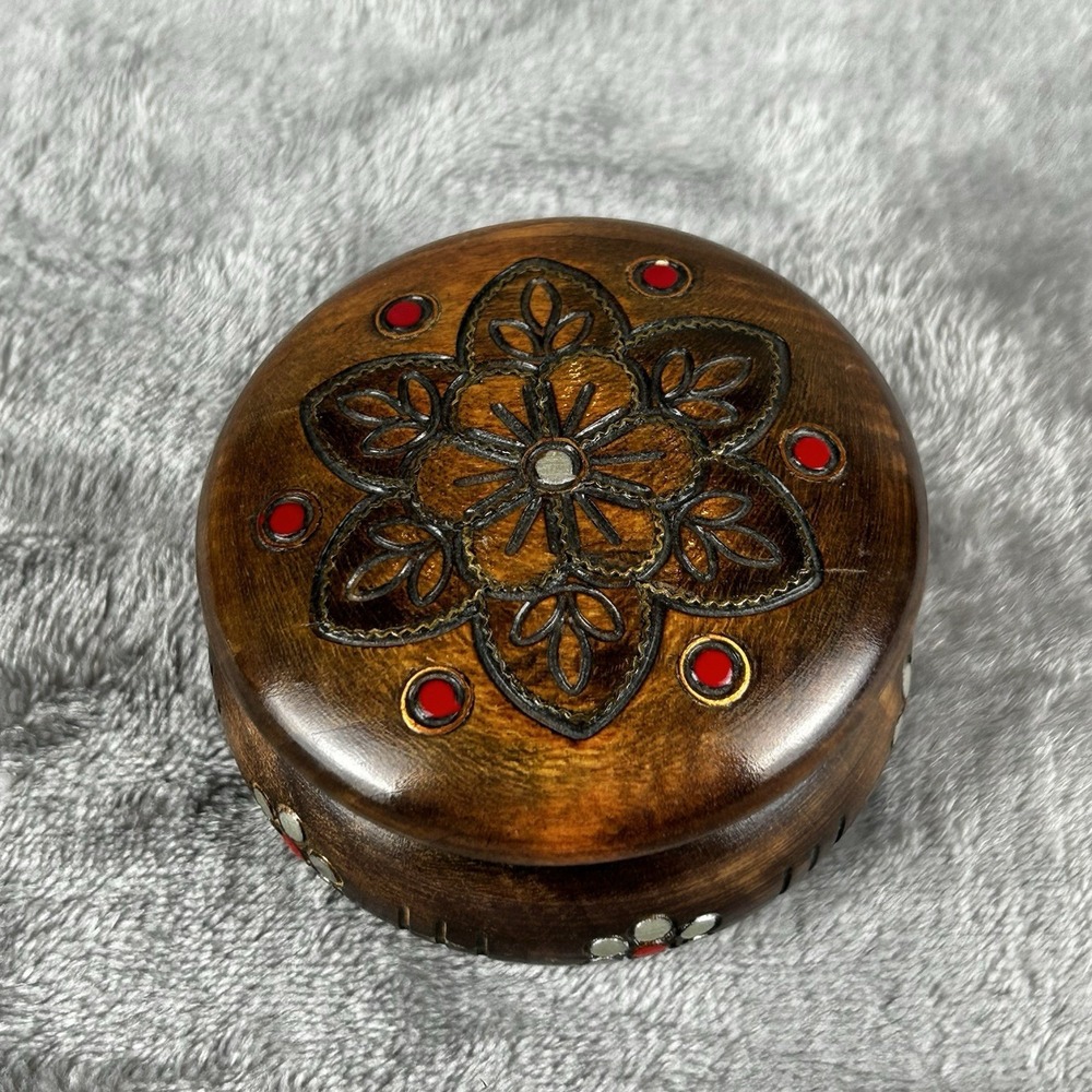 Vintage Hand Carved Wooden Trinket Box Round Floral Relief Lid Rustic Jewelry...